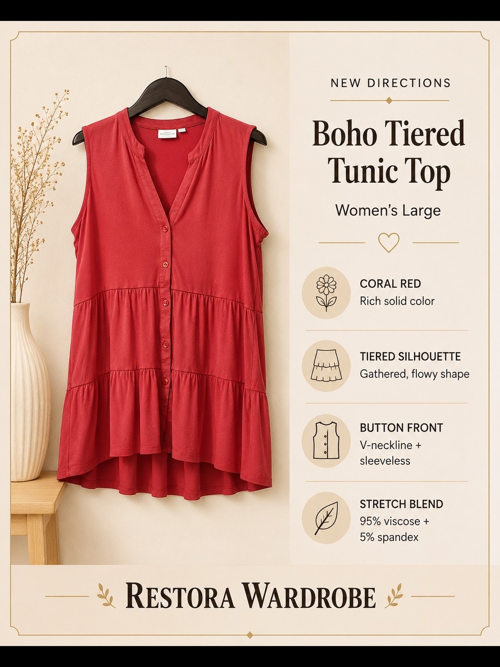New Directions Boho Tiered Tunic Top Coral Red Button Front Viscose L